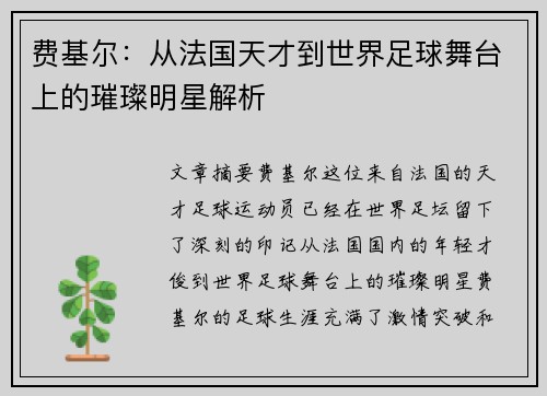 费基尔：从法国天才到世界足球舞台上的璀璨明星解析