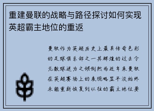 重建曼联的战略与路径探讨如何实现英超霸主地位的重返