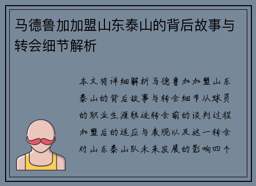 马德鲁加加盟山东泰山的背后故事与转会细节解析