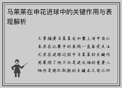 马莱莱在申花进球中的关键作用与表现解析